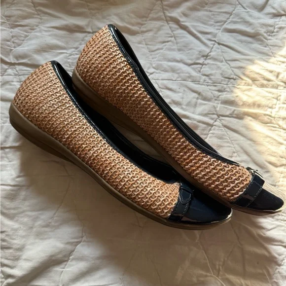 Solesenseability Women’s Wicker and Navy Toe Buckle Style Ballet Flats - Picture 2 of 8